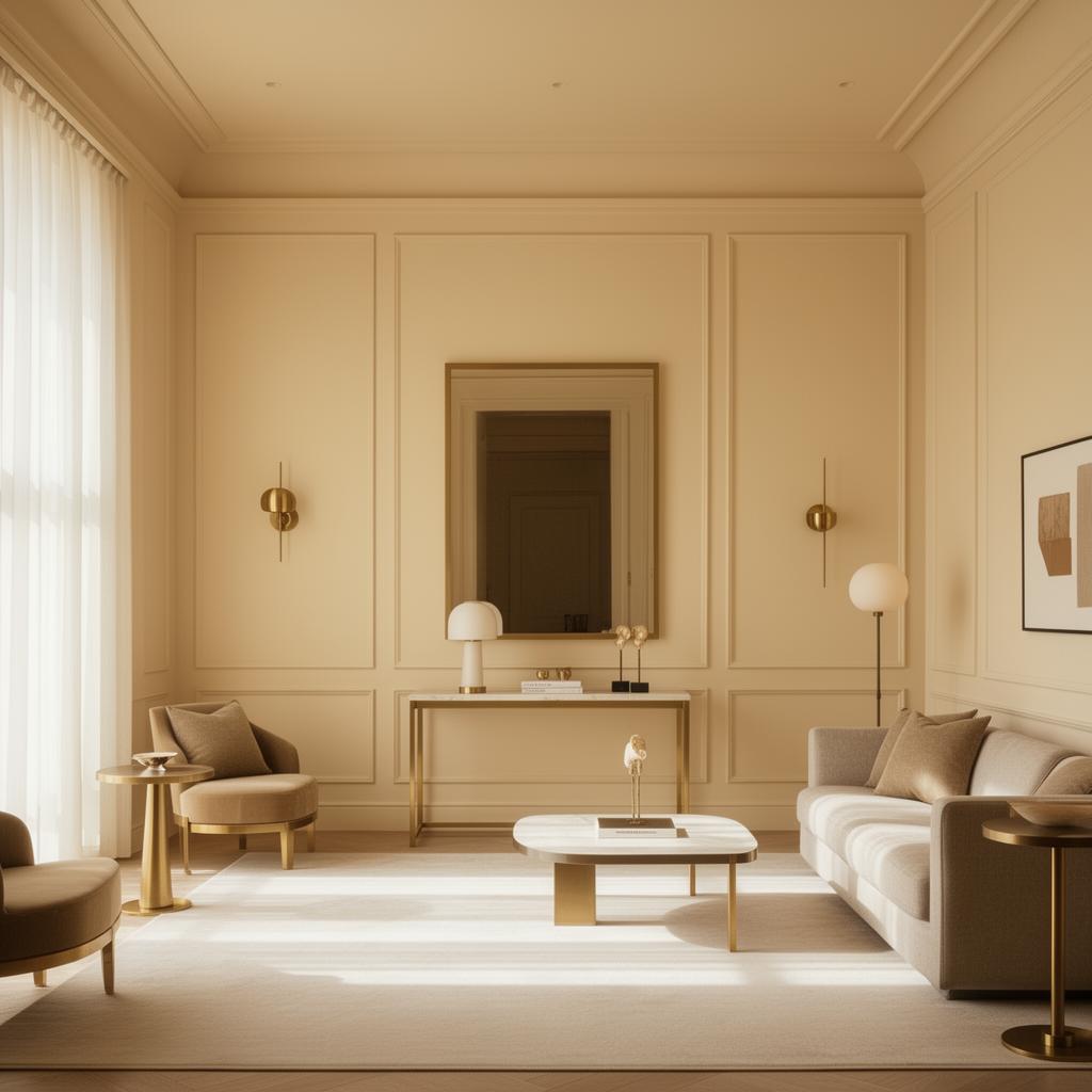 Elegant boutique hotel lobby with brass accents and warm cream tones