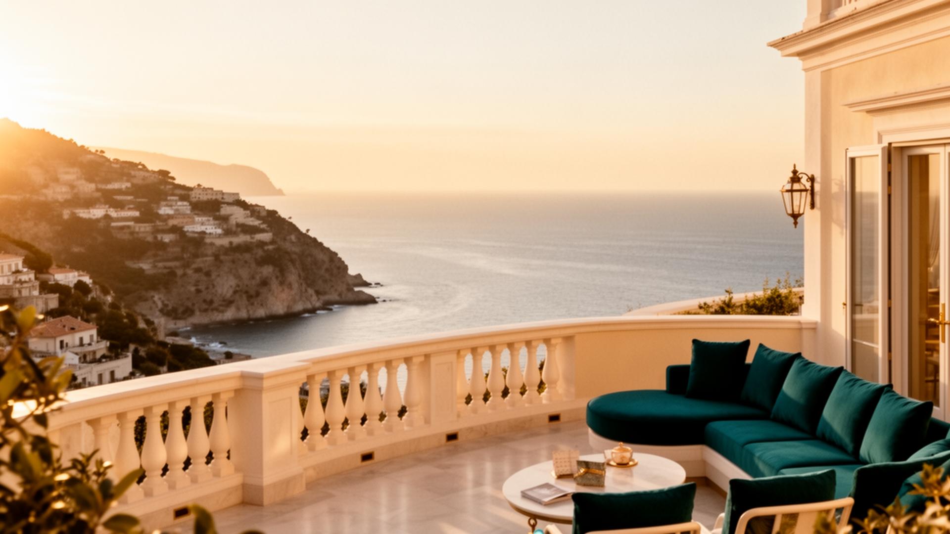 Sun-drenched boutique hotel terrace overlooking the Mediterranean coastline